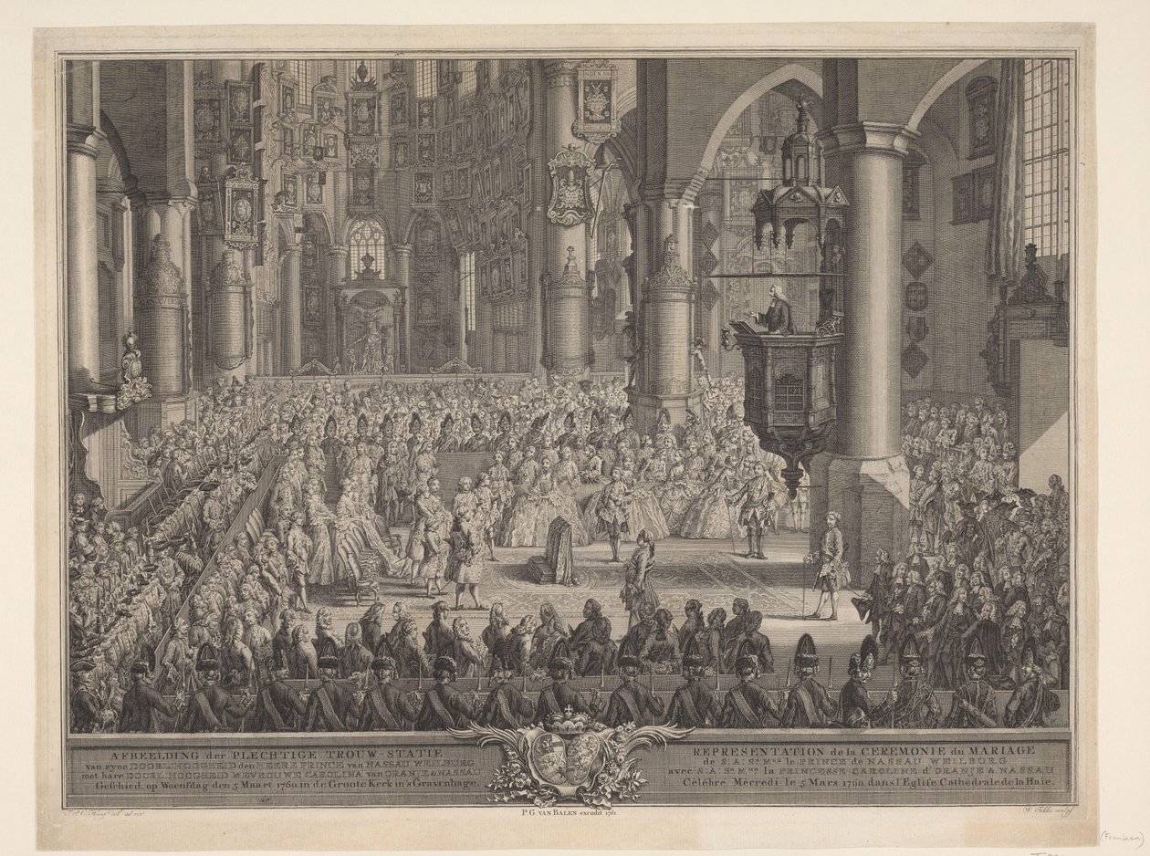 Matrimonio de Karel Christian van Nassau-Weilburg con la princesa Carolina, 1760 Representación de la ceremonia de boda solemne del (...) príncipe van Nassau Weilburg con (...) Carolina van Oranje & Nassau tuvo lugar el miércoles 5 de marzo de 1760 en Groo de Simon Fokke