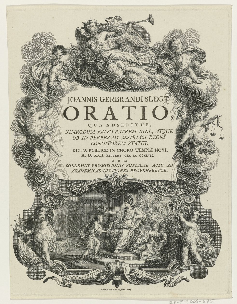 Minerva lauwert een jongeman conoció a bul Título de la página: J.G. Slegt, Oración en la que se afirma que Nimrod fue falsamente el padre de Nina (...), 1747 de Simon Fokke