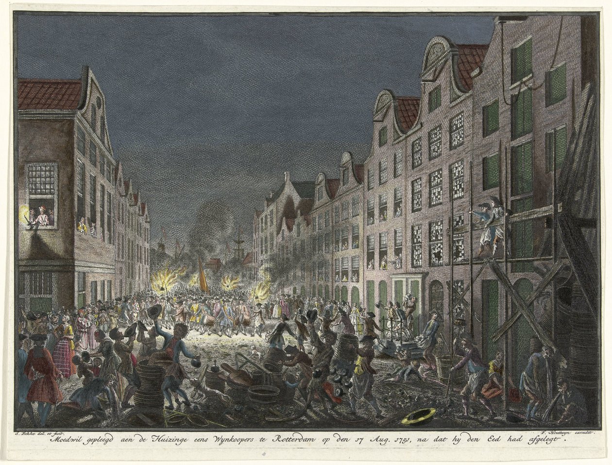 Saqueo de la casa del comerciante de vinos Gerrit Hagedooren en Rotterdam, 1751
Sedición cometida en el Huizinge eens Wynkoopers te Rotterdam el 17 de agosto de 1751, después de haber prestado juramento (título en el objeto) de Simon Fokke