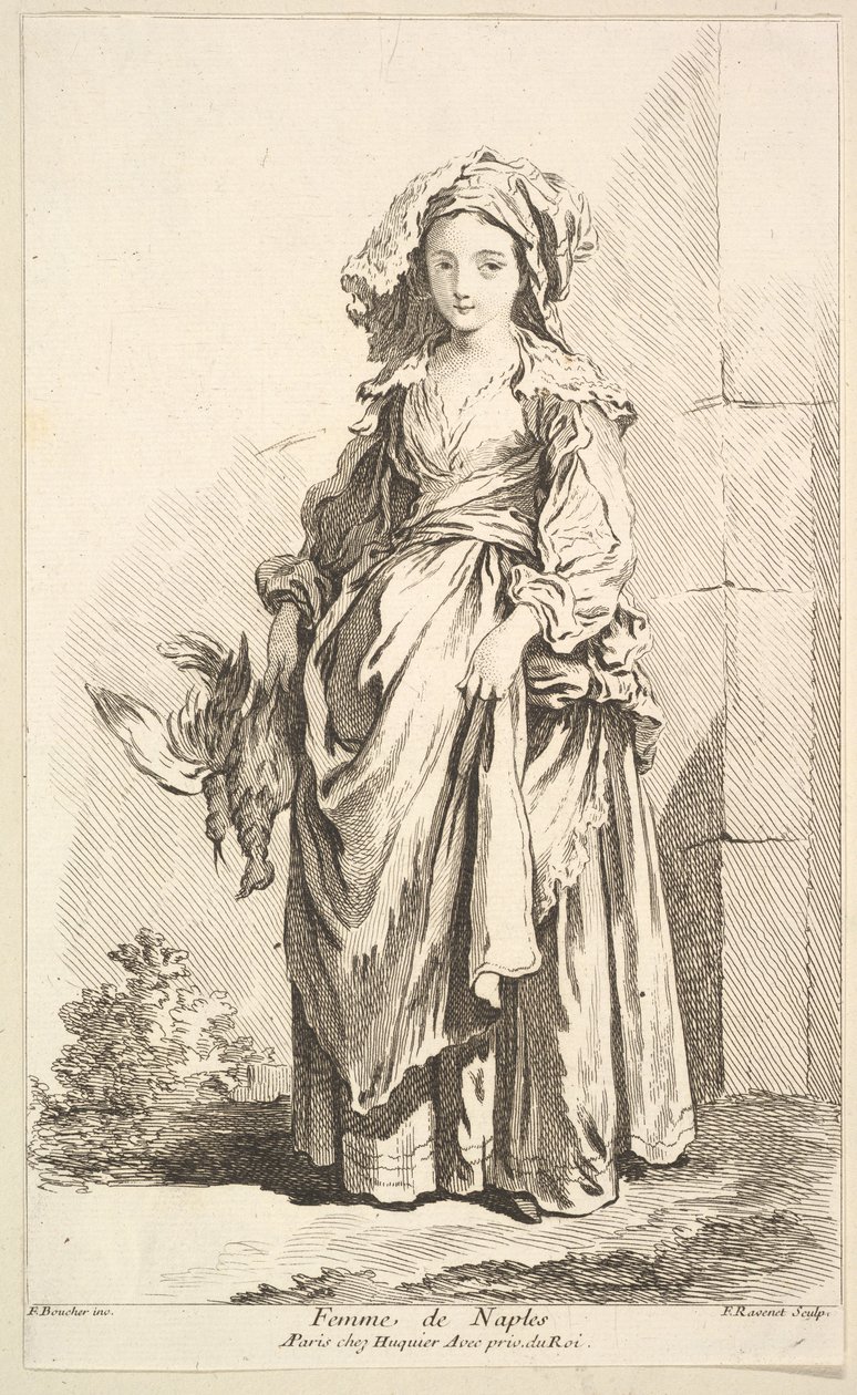 Mujer de Nápoles, del Recueil de diverses figures étrangères Inventadas por F. Bouc de Simon Francois Ravenet