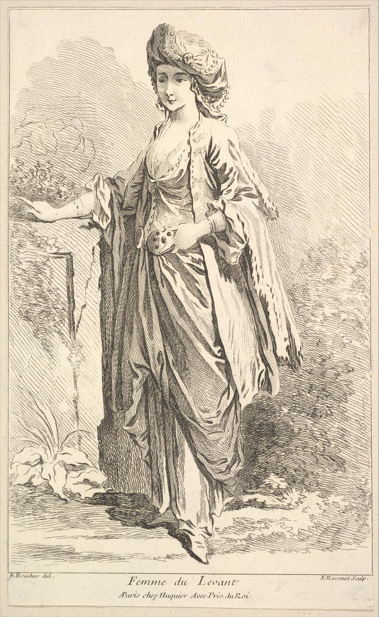 Mujer del Levante, del Recueil de diverses figures étrangères Inventadas por F. Bouc..., siglo XVIII de Simon Francois Ravenet