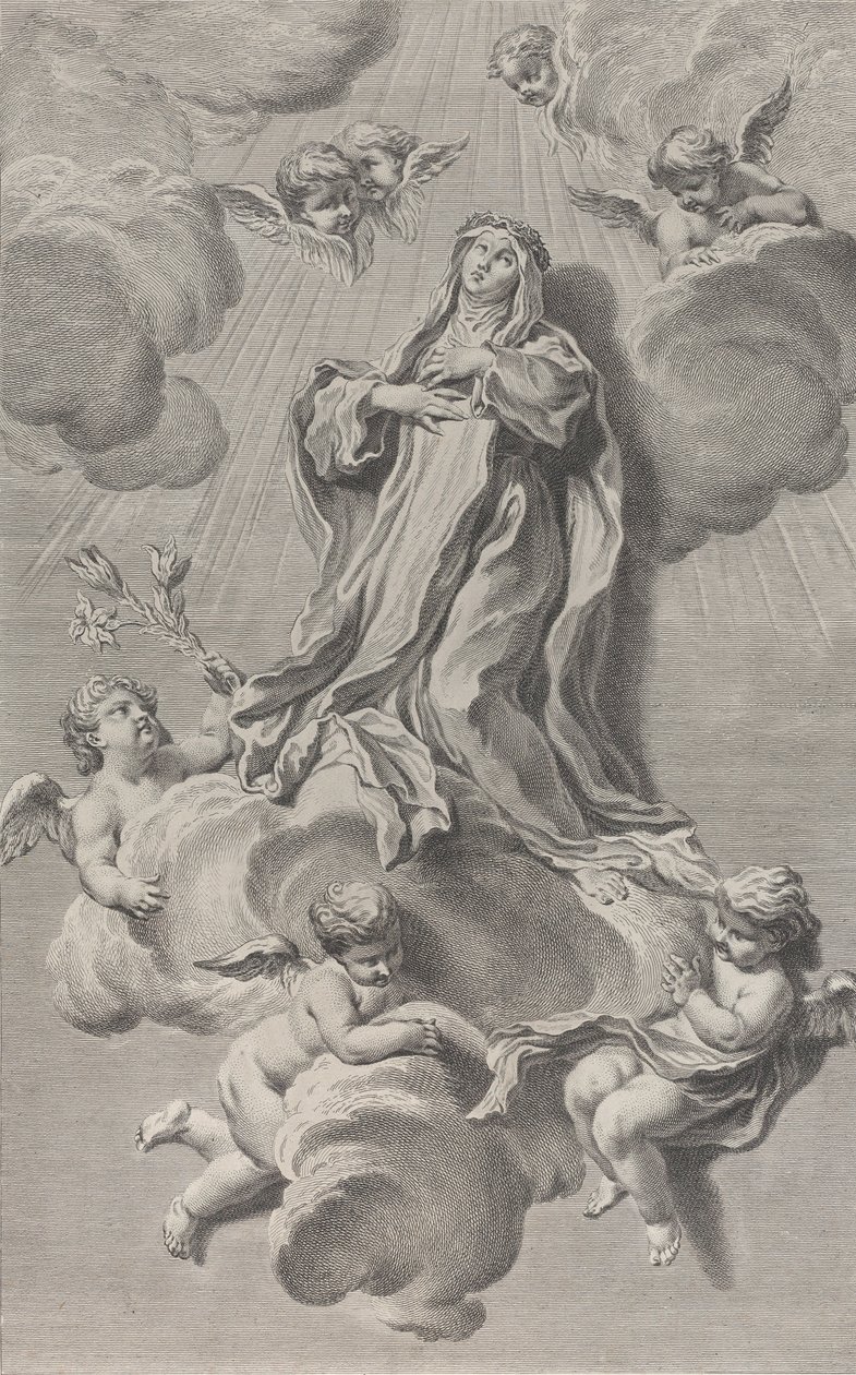 El éxtasis de Santa Catalina de Siena, arrodillada en una nube llevada por ángeles de Simon Francois Ravenet