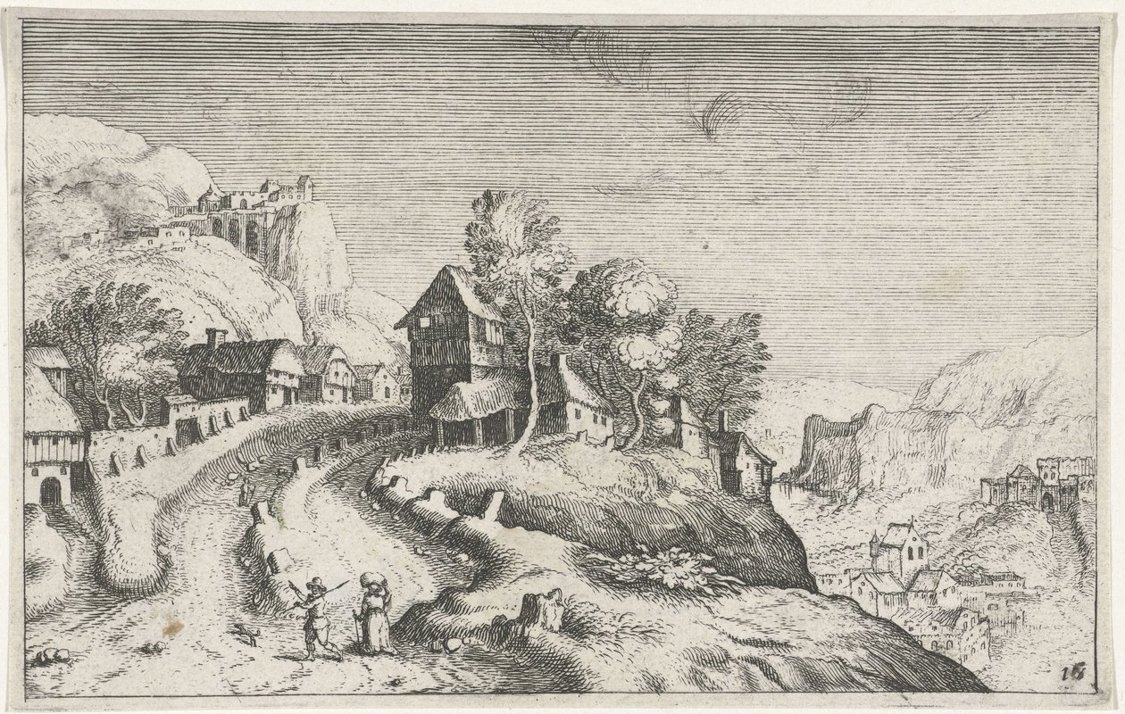 Pueblo en un paisaje de montaña Diferentes paisajes (título de la serie) Topographia variarum regionum (título de la serie) de Simon Frisius (attributed to)