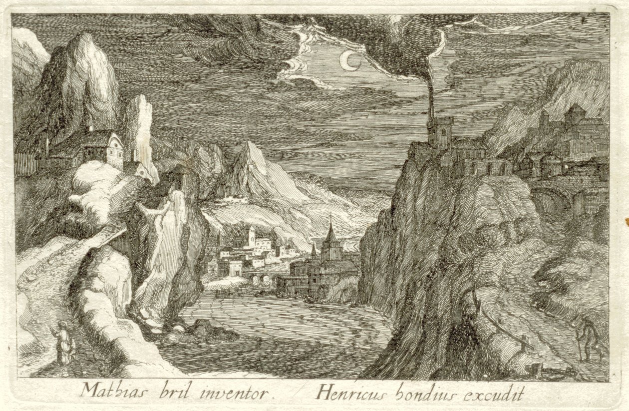 Paisaje fluvial a la luz de la luna Diferentes paisajes (título de la serie) Topographia variarum regionum (título de la serie) de Simon Frisius (attributed to)