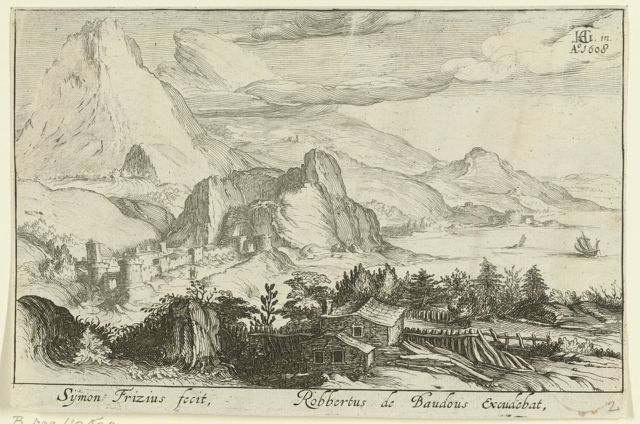 paisaje de montaña con edificios Paisajes de montaña (título de la serie) de Simon Frisius