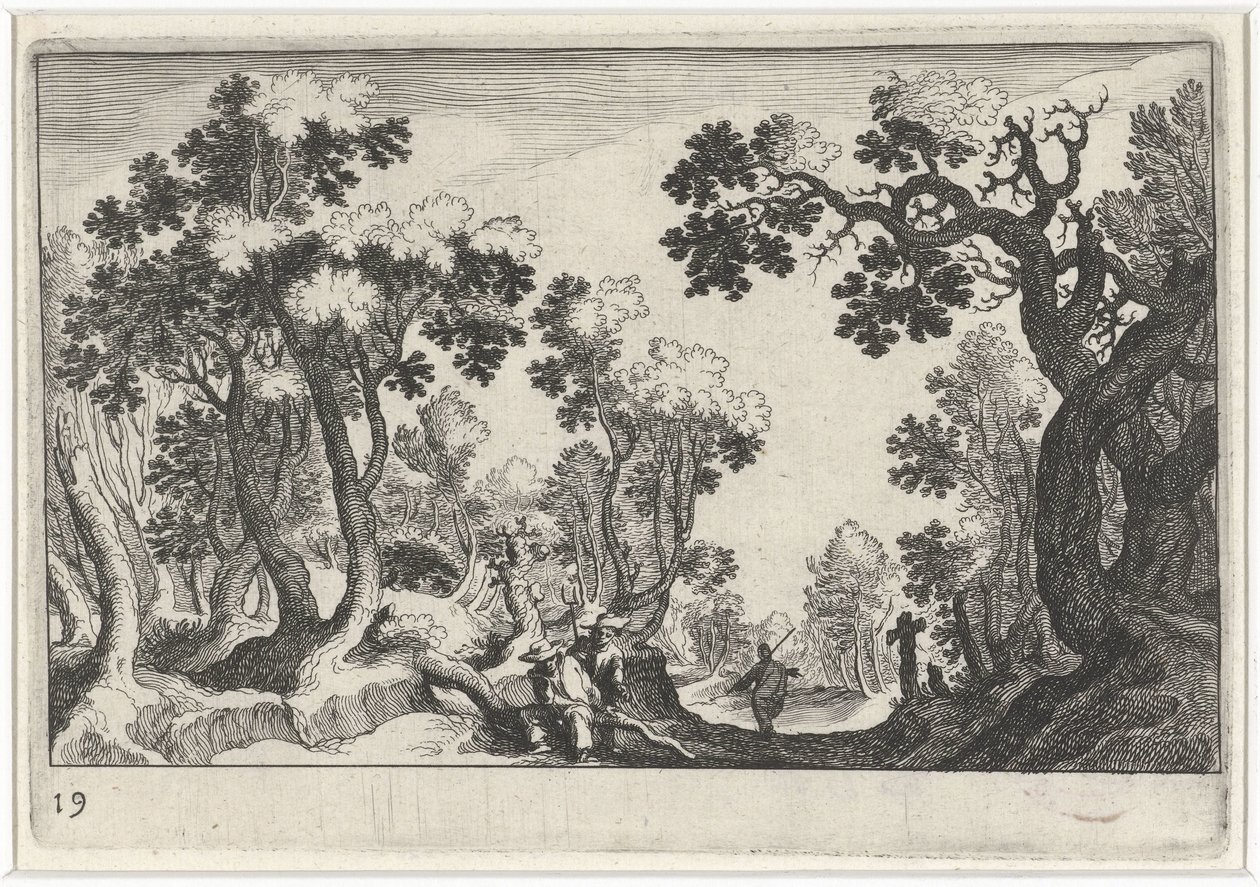 Paisaje boscoso con campesinos de Simon Frisius
