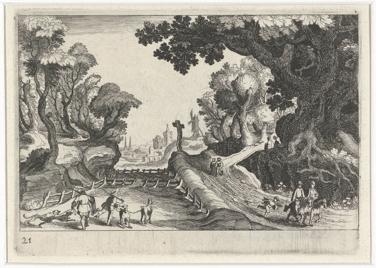 Paisaje forestal con una cruz a lo largo de un camino. Paisajes del sur de Europa (título de la serie) Topographia variarum regionum (título de la serie) de Simon Frisius