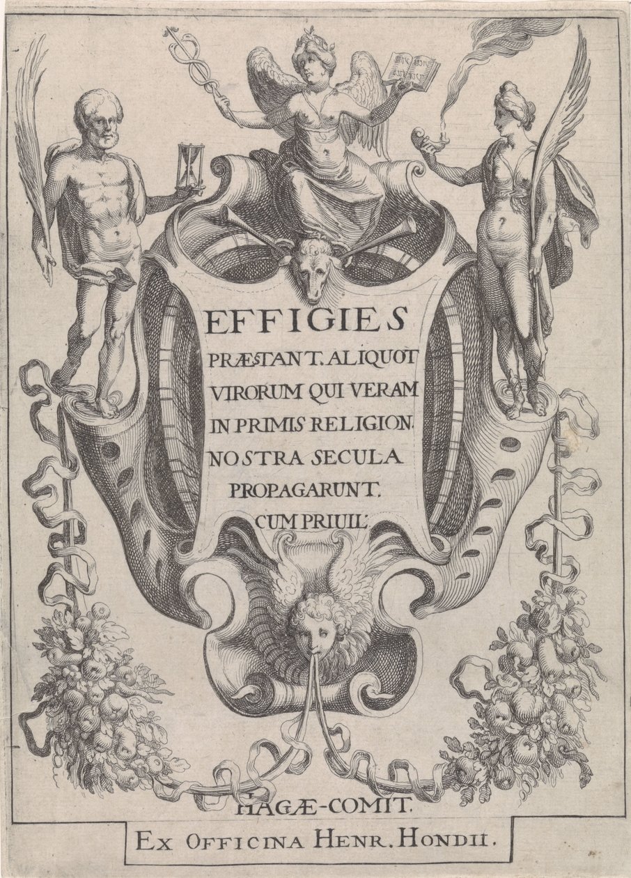 Cartouche coloca guirnaldas en forma de figuras de Simon Frisius
