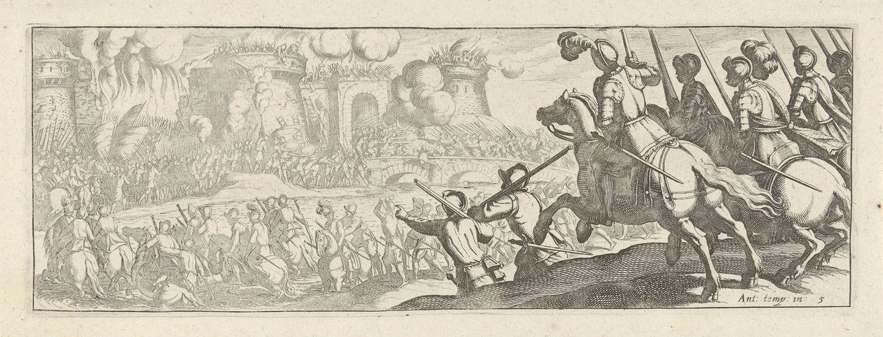 Cavaleristen bestormen een stadsmuur Caballería (título de la serie) Faecvnda lo que es la amada de Febo y la agradecida Florentia a los hombres de agudo genio, bastante lo demuestran las pvgnas, enthea por la fuerza de los senos que talló Mercurio al ague de Simon Frisius