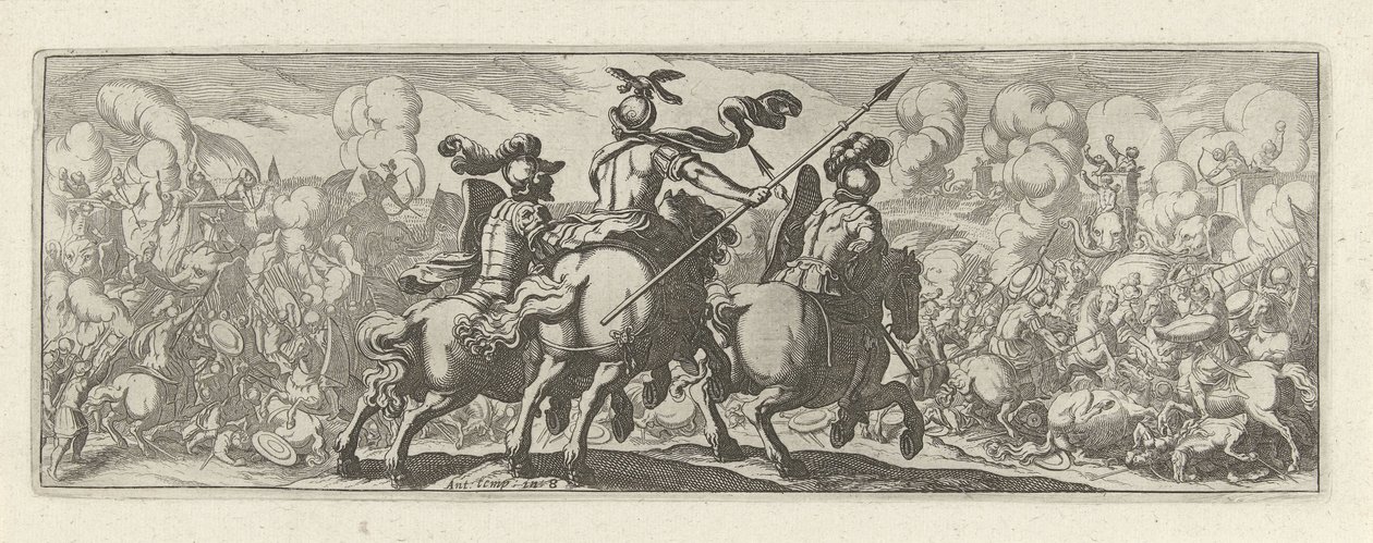 Drie cavaleristen bij een veldslag met olifanten Caballería (título de la serie) Faecvnda lo que es la amada de Febo y la agradecida Florentia a los hombres de agudo genio, bastante lo demuestran las pvgnas, enthea por la fuerza de los senos que talló Merc de Simon Frisius