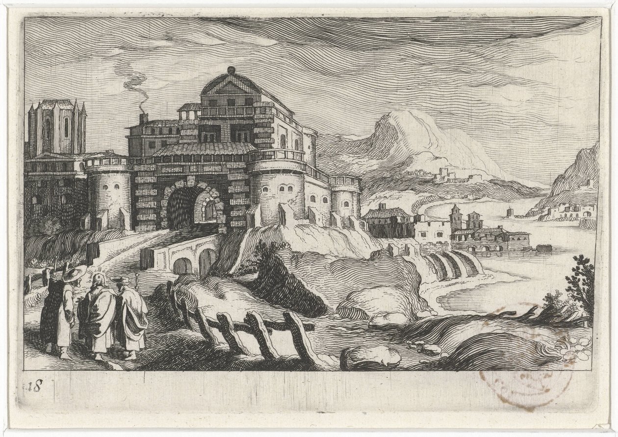 Gente de Emmäus frente a una puerta de la ciudad en un paisaje montañoso Paisajes del sur de Europa (título de la serie) Topographia variarum regionum (título de la serie) de Simon Frisius