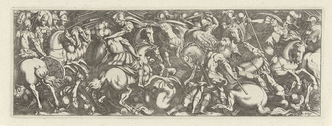Gevecht tussen cavaleristen en infantrysten Caballería (título de la serie) Faecvnda lo que es la amada de Febo y la agradecida Florentia a los hombres de agudo genio, bastante lo demuestran las pvgnas, enthea por la fuerza de los senos que talló Mercurio  de Simon Frisius