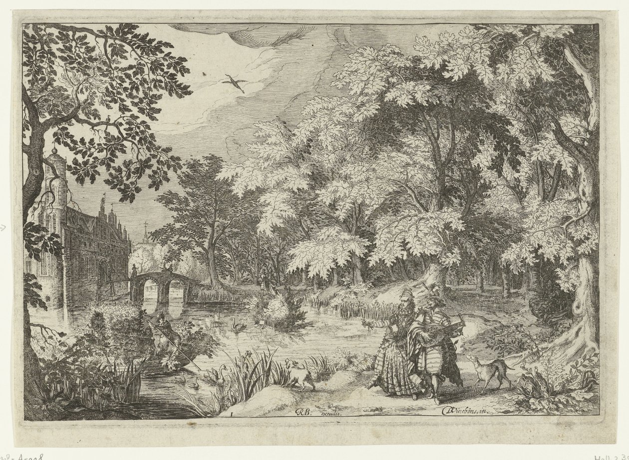 Vista de un bosque con el castillo de Loenersloot Paisajes con figuras (título de serie) de Simon Frisius