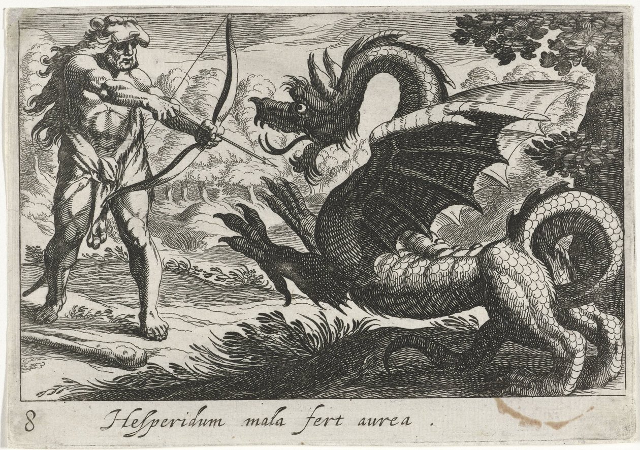 Hércules mata al dragón Ladon Hesperidum mala fert aurea (título sobre objeto) Temas hercúleos (título de la serie) de Simon Frisius
