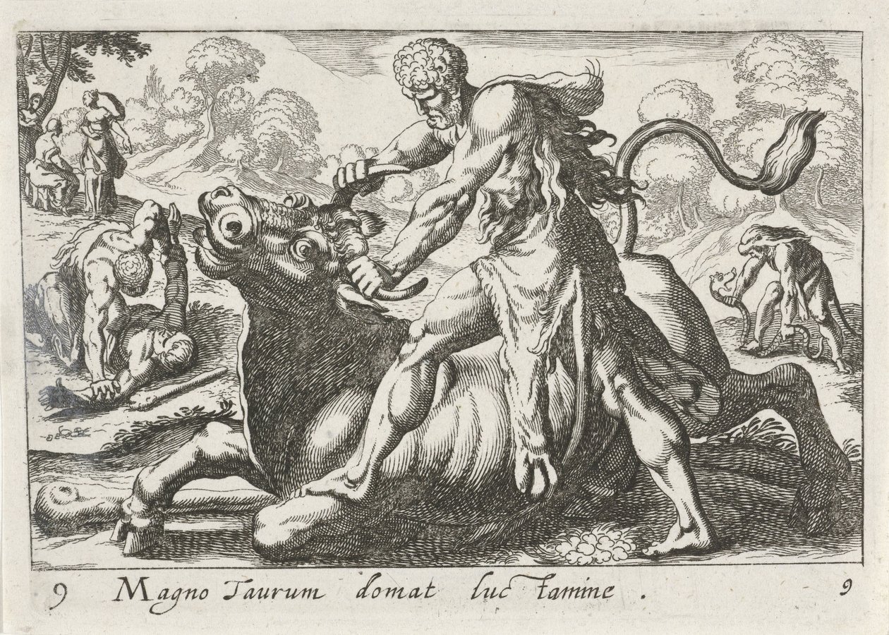 Hércules en batalla con Achelous El gran toro es domesticado por la luz (título sobre objeto) El tema de Hércules (título de la serie) de Simon Frisius