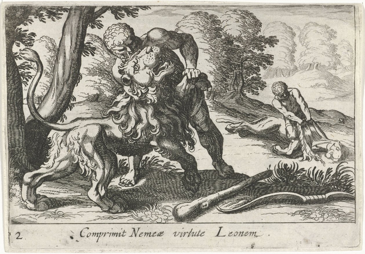 Hércules luchando contra el león de Nemea Comprimit Nemeae virtute Leonem (título sobre el objeto) Temas hercúleos (título de la serie) de Simon Frisius