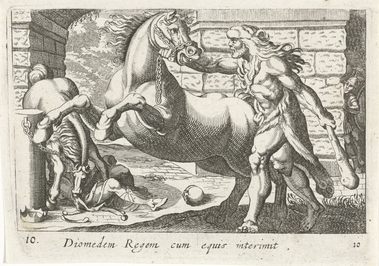 Hércules temt de paarden van Diomedes Rey Diomedes con caballos (título sobre objeto) El tema de Hércules (título de la serie) de Simon Frisius