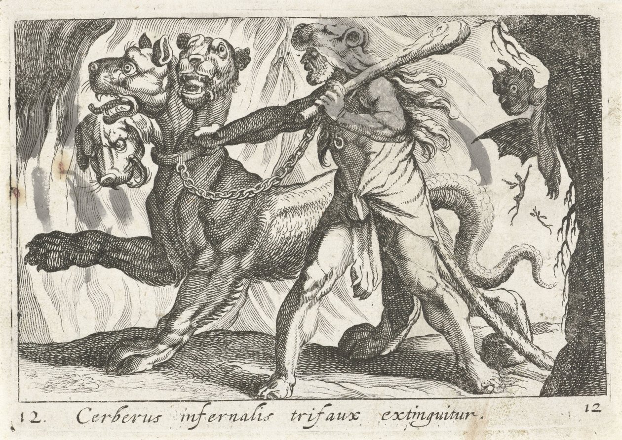 Hércules contra Cerbero Cerberus infernal trifaux extinguido (título sobre objeto) El tema de Hércules (título de la serie) de Simon Frisius