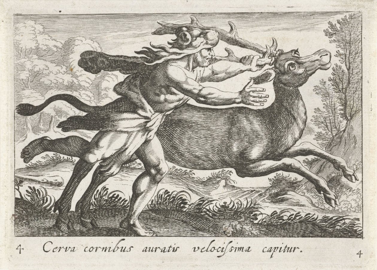 Hércules vangt de Hind van Cerynea Un ciervo con cuernos dorados es capturado muy rápido (título sobre objeto) Tema de Herculische (título de la serie) de Simon Frisius