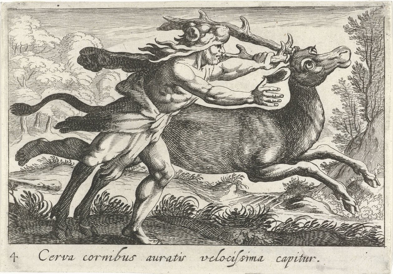 Hércules vangt de Hind van Cerynea Un ciervo con cuernos dorados es capturado muy rápido (título sobre objeto) Tema de Herculische (título de la serie) de Simon Frisius