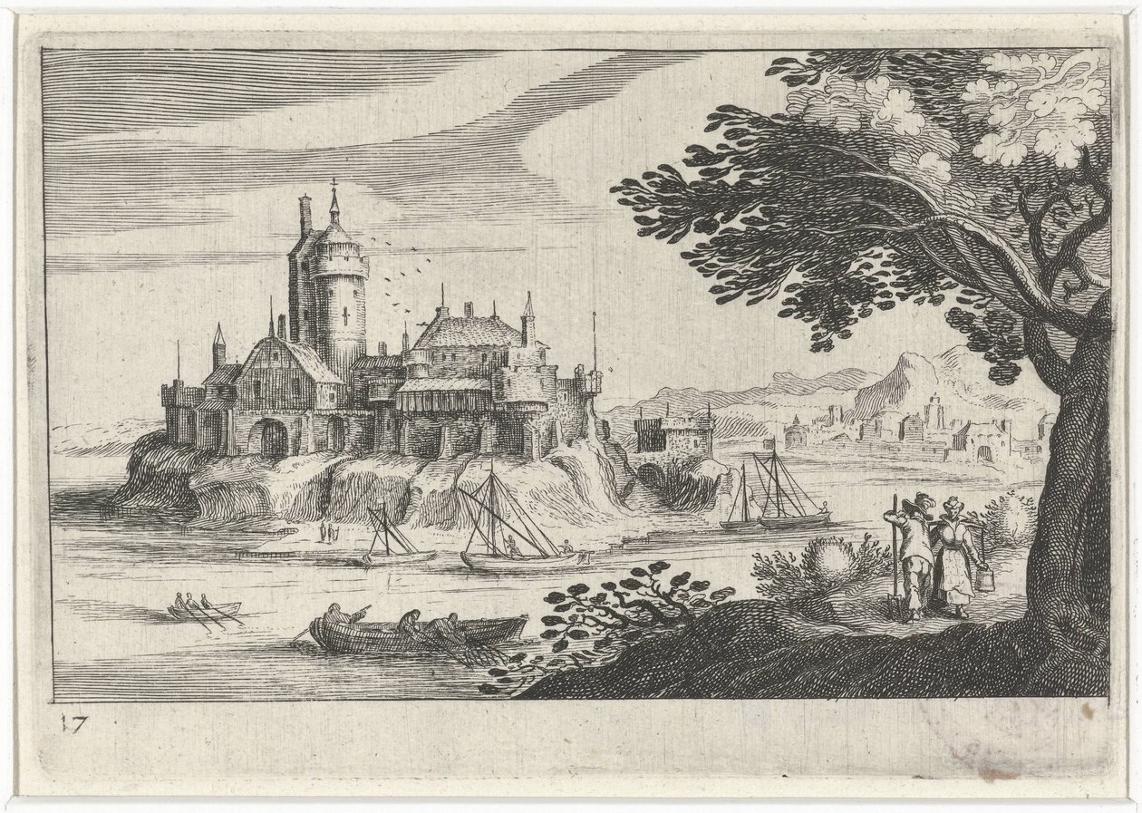 Paisaje montañoso con un castillo en una isla Paisajes del sur de Europa (título de la serie) Topographia variarum regionum (título de la serie) de Simon Frisius