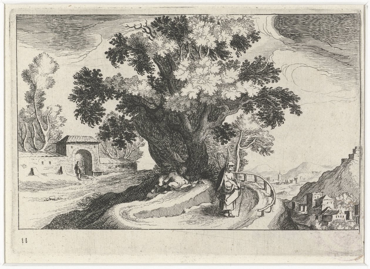 Paisaje montañoso con hacer el amor bajo un árbol. Paisajes del sur de Europa (título de la serie) Topographia variarum regionum (título de la serie) de Simon Frisius