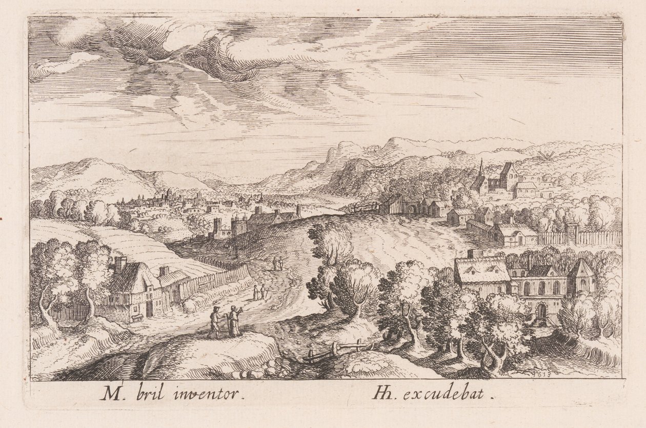 Paisaje montañoso con tres parejas, de Topographia Variarum Regionum de Simon Frisius