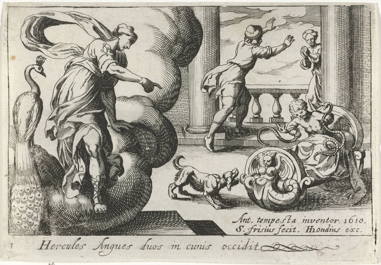 Jonge Hércules wurgt twee slangen Hércules mata a dos serpientes en sus cunas (título sobre el objeto) Tema de Herculische (título de la serie) de Simon Frisius