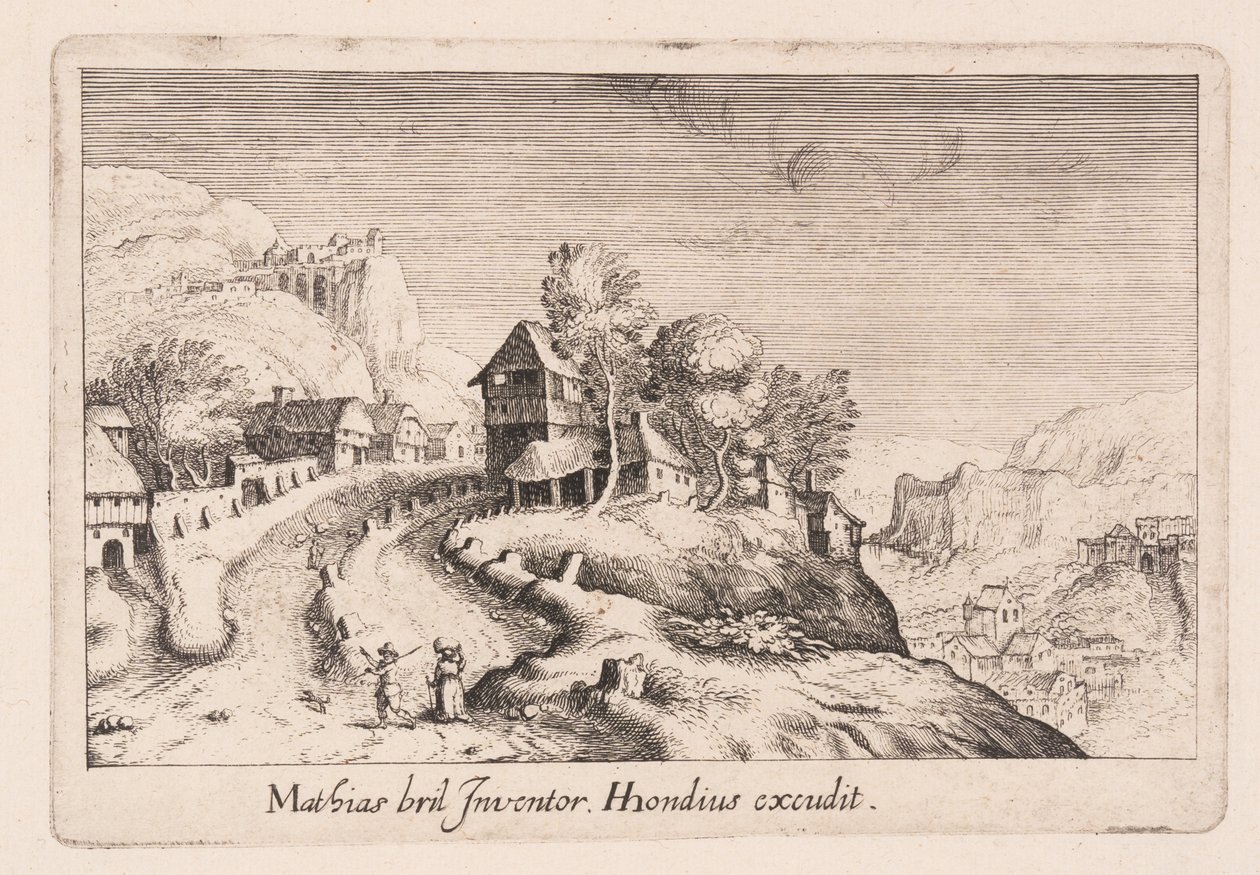 Paisaje con un sendero que asciende una montaña a través de un pueblo, de Topographia Variarum Regionum de Simon Frisius