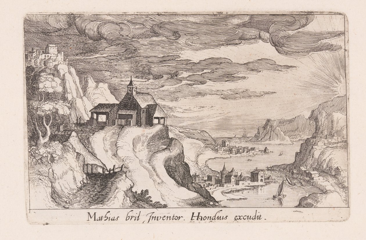 Paisaje con un valle fluvial y una iglesia sobre una colina, de Topographia Variarum Regionum de Simon Frisius