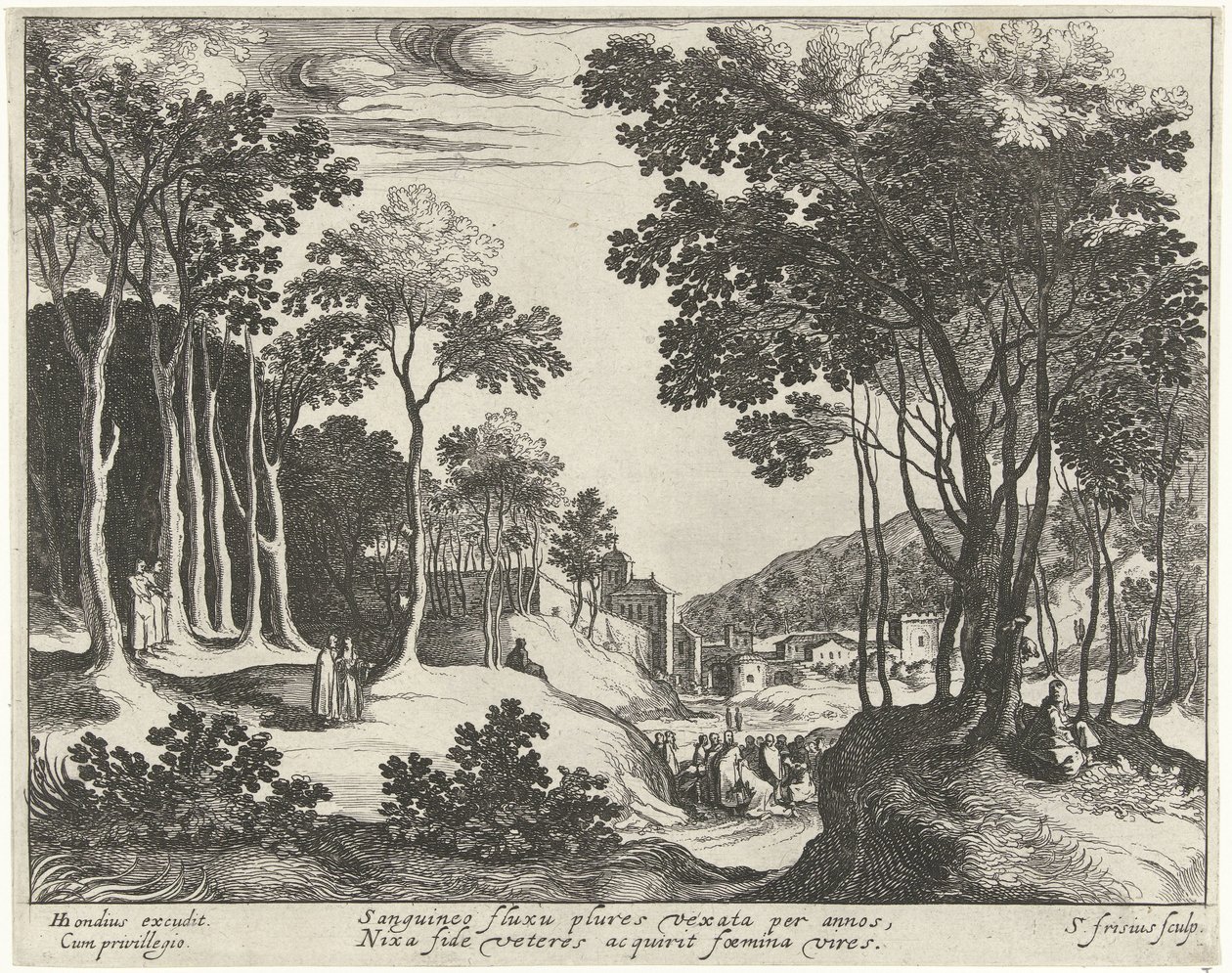 Paisaje con Cristo y la curación de la mujer sangrando Paisajes con escenas de la vida de Cristo (título de serie) de Simon Frisius