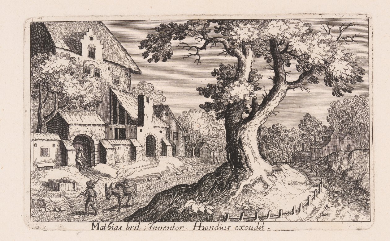 Hombre con un burro caminando junto a un pueblo, de Topographia Variarum Regionum de Simon Frisius