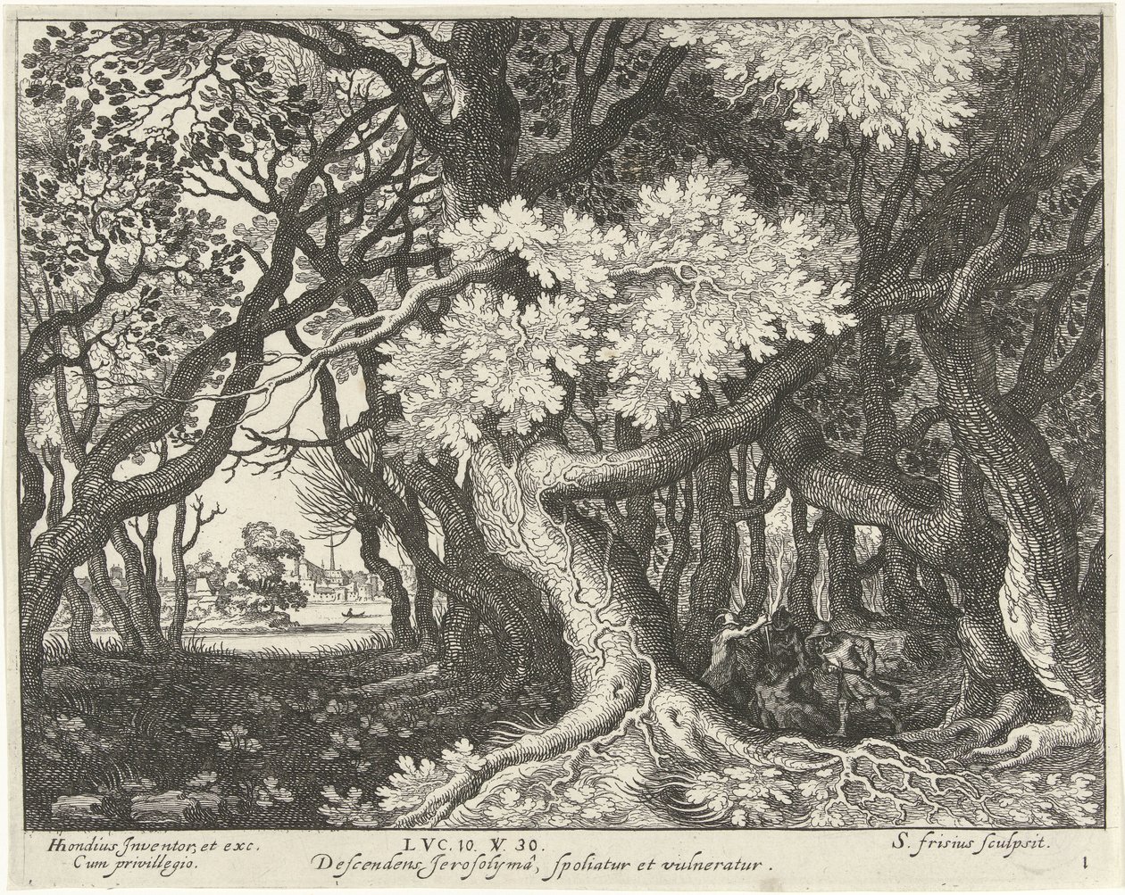 Robo de un hombre en un bosque Parábola del Buen Samaritano (título de la serie) de Simon Frisius