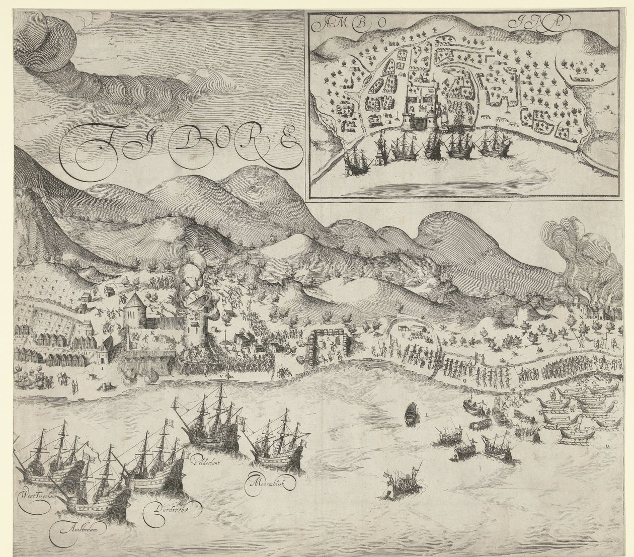 Victoria de los holandeses sobre los portugueses en Tidore (lámina de la derecha), 1605 de Simon Frisius
