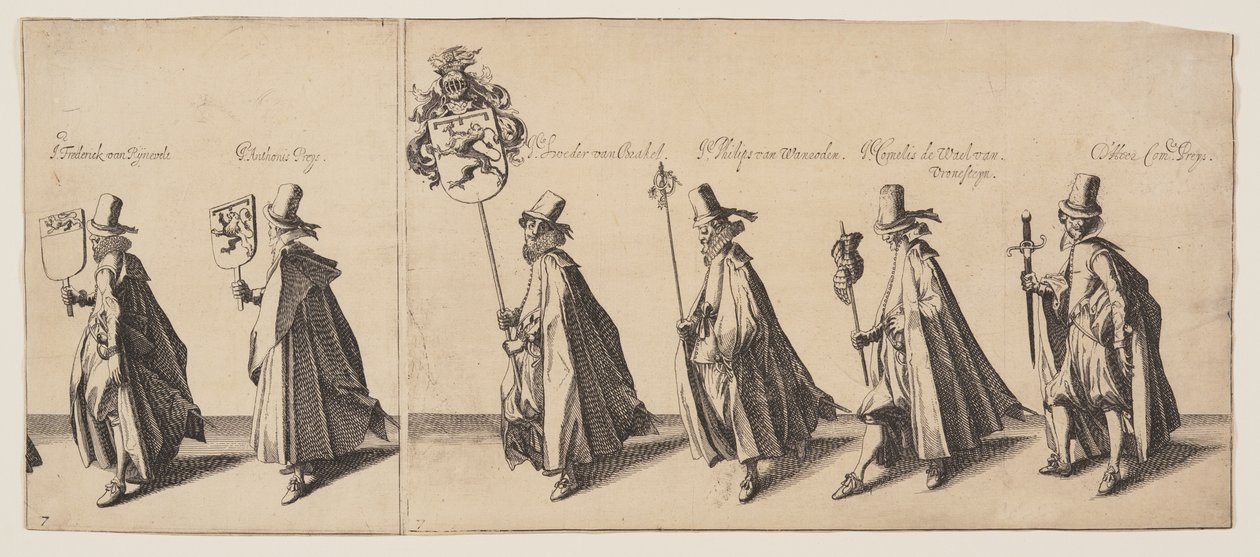 Procesión de seis personas precedidas por un caballo, de El funeral de Brederode de Simon Frisius