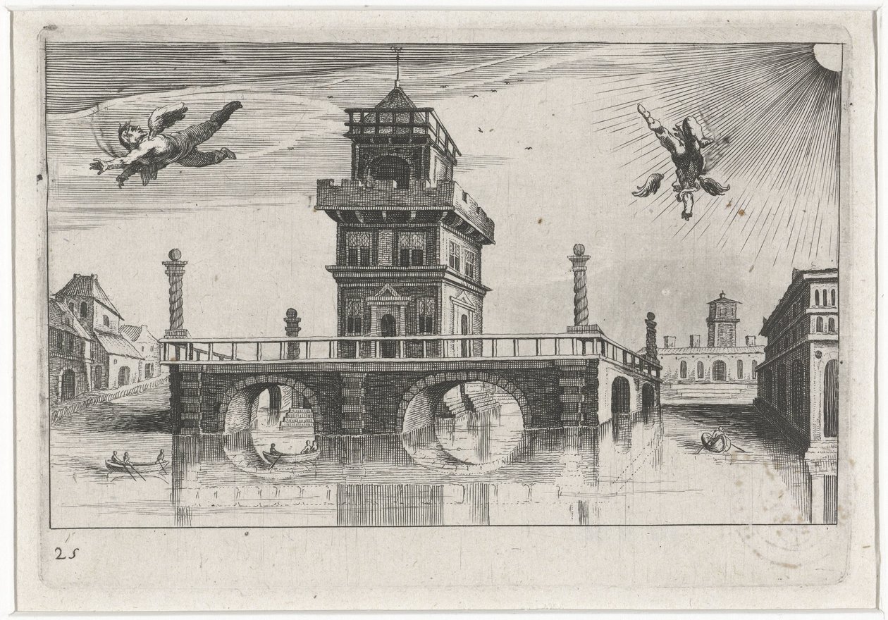 Paisaje urbano con Ícaro y Dédalo Paisajes del sur de Europa (título de la serie) Topographia variarum regionum (título de la serie) de Simon Frisius