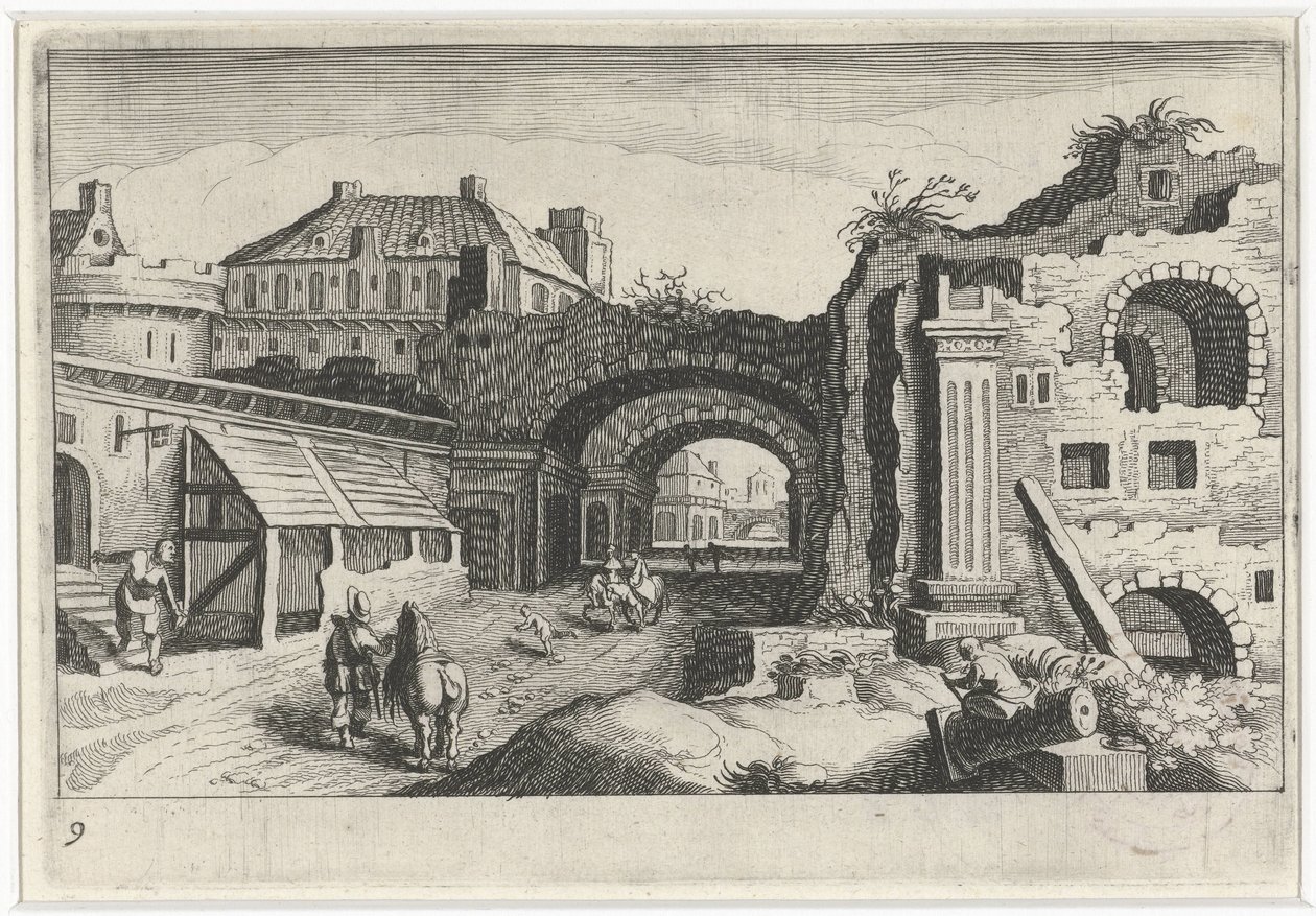 Paisaje urbano con una ruina Paisajes del sur de Europa (título de la serie) Topographia variarum regionum (título de la serie) de Simon Frisius