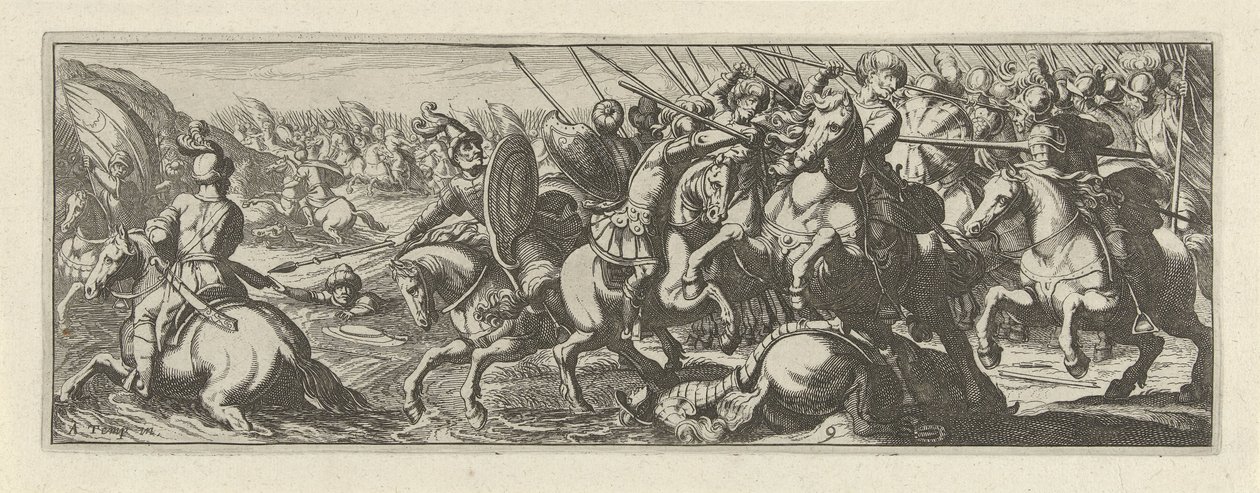Veldslag bij een rivier Caballería (título de la serie) Faecvnda lo que es la amada de Febo y la agradecida Florentia a los hombres de agudo genio, bastante lo demuestran las pvgnas, enthea por la fuerza de los senos que talló Mercurio al aguerrido cliente de Simon Frisius