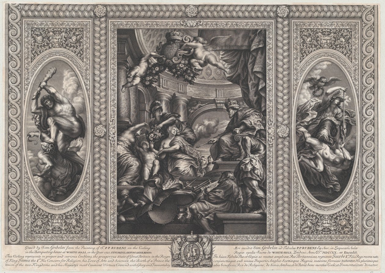 Una escena alegórica que muestra los beneficios del reinado de James en el centro, Gobierno Sabio, 1720 de Simon Gribelin