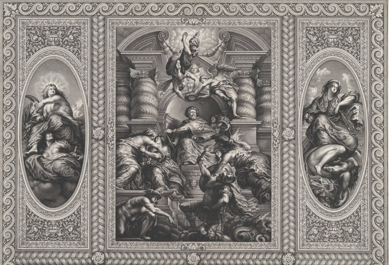 James I nombrando a Carlos como Rey de Escocia en el centro, Minerva atravesando la Ignorancia a la derecha..., 1720 de Simon Gribelin