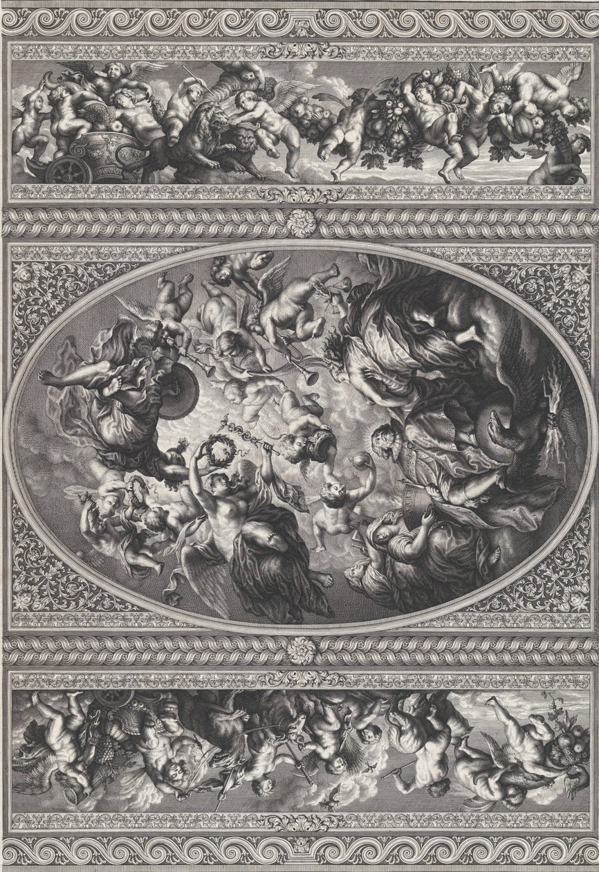 La apoteosis de Jacobo I en un óvalo en el centro, frisos con putti y guirnaldas, 1720 de Simon Gribelin