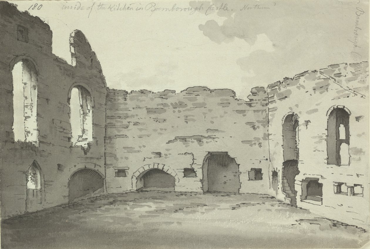 Castillo de Bamburgh, ruinas de la cocina, Add. 15542, f.180, c.1780 (aguada de pluma y tinta sobre papel) de Simon H. Grimm
