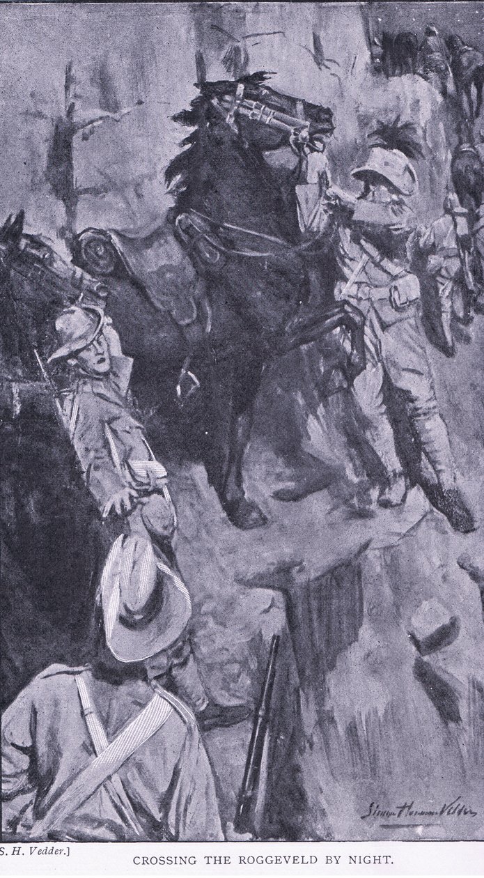 Cruzando el Roggevald de noche, de Después de Pretoria: La Guerra de Guerrillas publicado por Harmsworth Bros Limited, 1901 de Simon Harmon Vedder