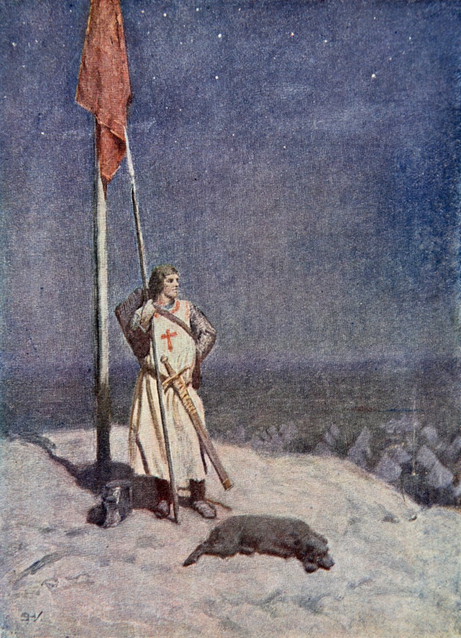 El Caballero vigila en el Monte de San Jorge con la bandera de Inglaterra, ilustración de 