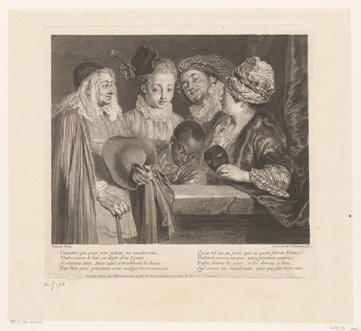 Gezelschap van vijf actores bij een parapeto las coquetas Obra de Antoine Watteau (título de la serie) La obra de Antoine Watteau, pintor del rey en su Real Academia de Pintura y Escultura (...) (título de serie) de Simon Henri Thomassin