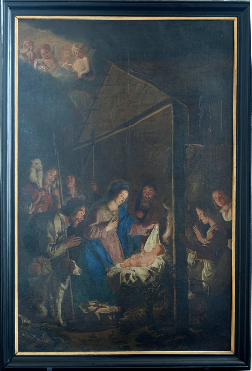 Iglesia parroquial (Iglesia de Nuestra Señora de la Asunción). En el interior. Pintar. Escena navideña. Simon De Paepe. Origen abadía Ename (?). de Simon II de Pape