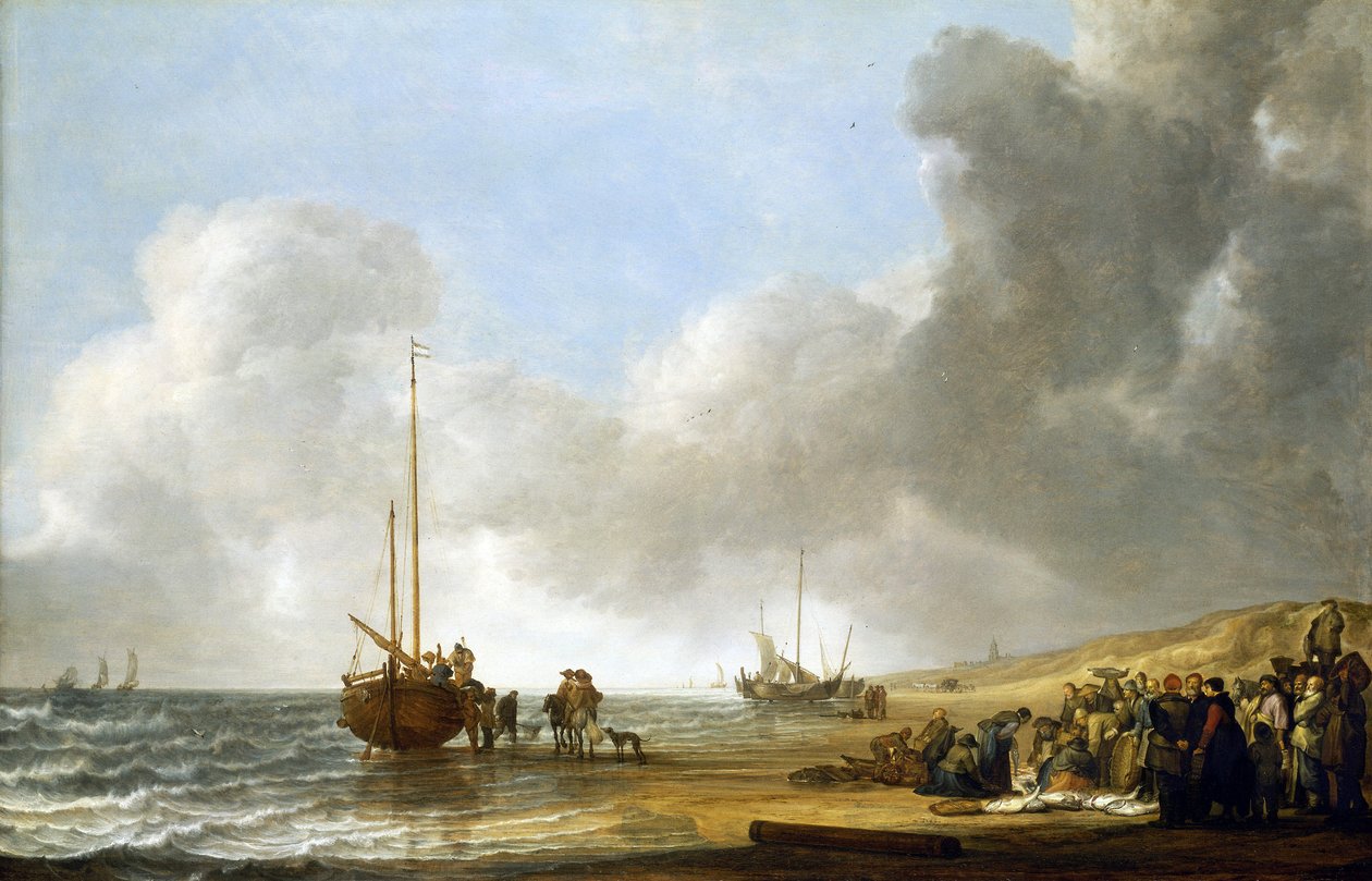 Una escena en la playa de Scheveningen (La Haya, Países Bajos), el mar a la izquierda y dunas de arena a la derecha, en el centro, un barco pesquero sobre su quilla y un grupo de pescadores. de Simon Jacobsz. Vlieger