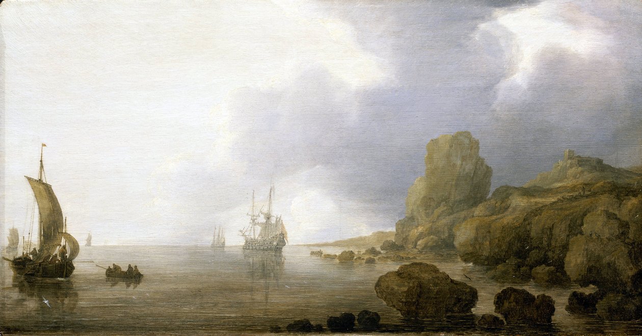 Barcos en las aguas poco profundas de una bahía rocosa, una visión romántica e idealizada. Óleo sobre madera, por Simon de Vlieger (1600-1653). de Simon Jacobsz. Vlieger