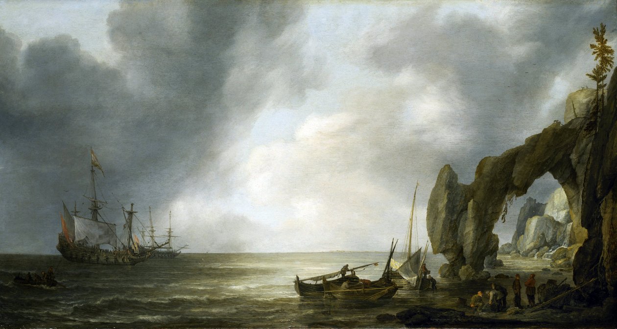 Buques de guerra holandeses anclados frente a una costa rocosa, unos pocos tripulantes desembarcados en la orilla, reunidos en torno a cestas de pesca. de Simon Jacobsz. Vlieger