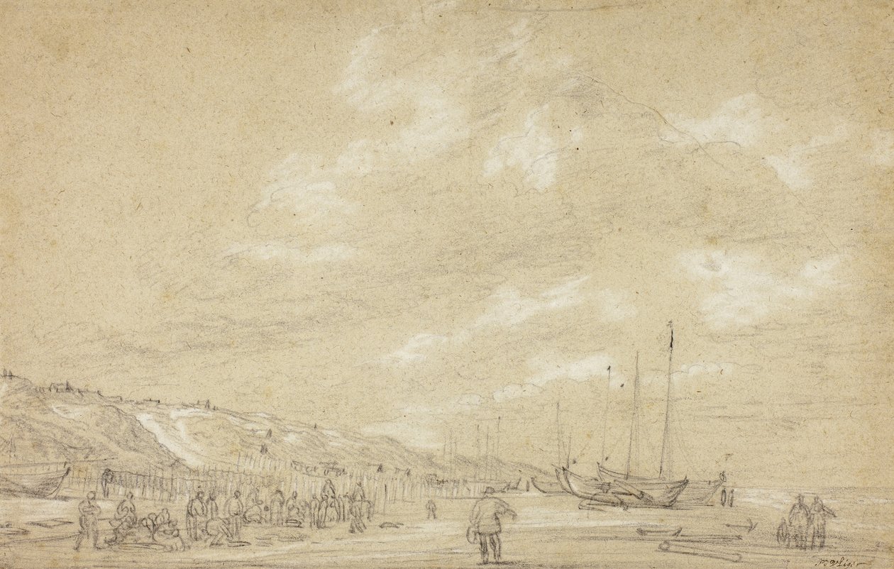 Pescadores secando redes en la playa de Scheveningen de Simon Jacobsz. Vlieger